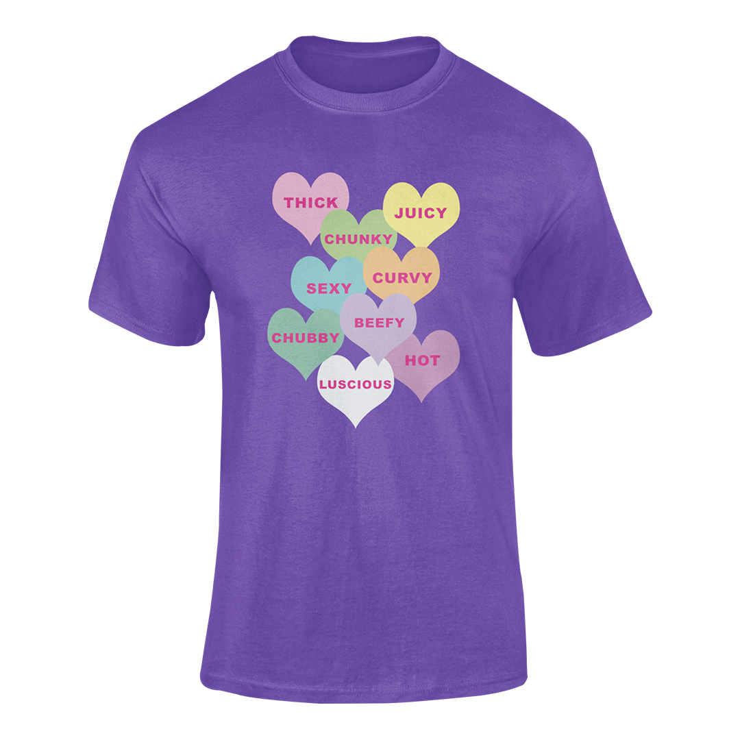 Purple T Shirt conversations hearts positivity words