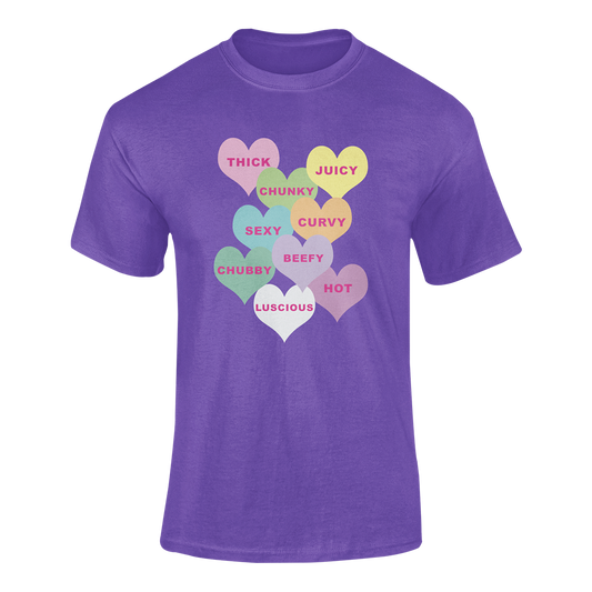 Purple T Shirt conversations hearts positivity words