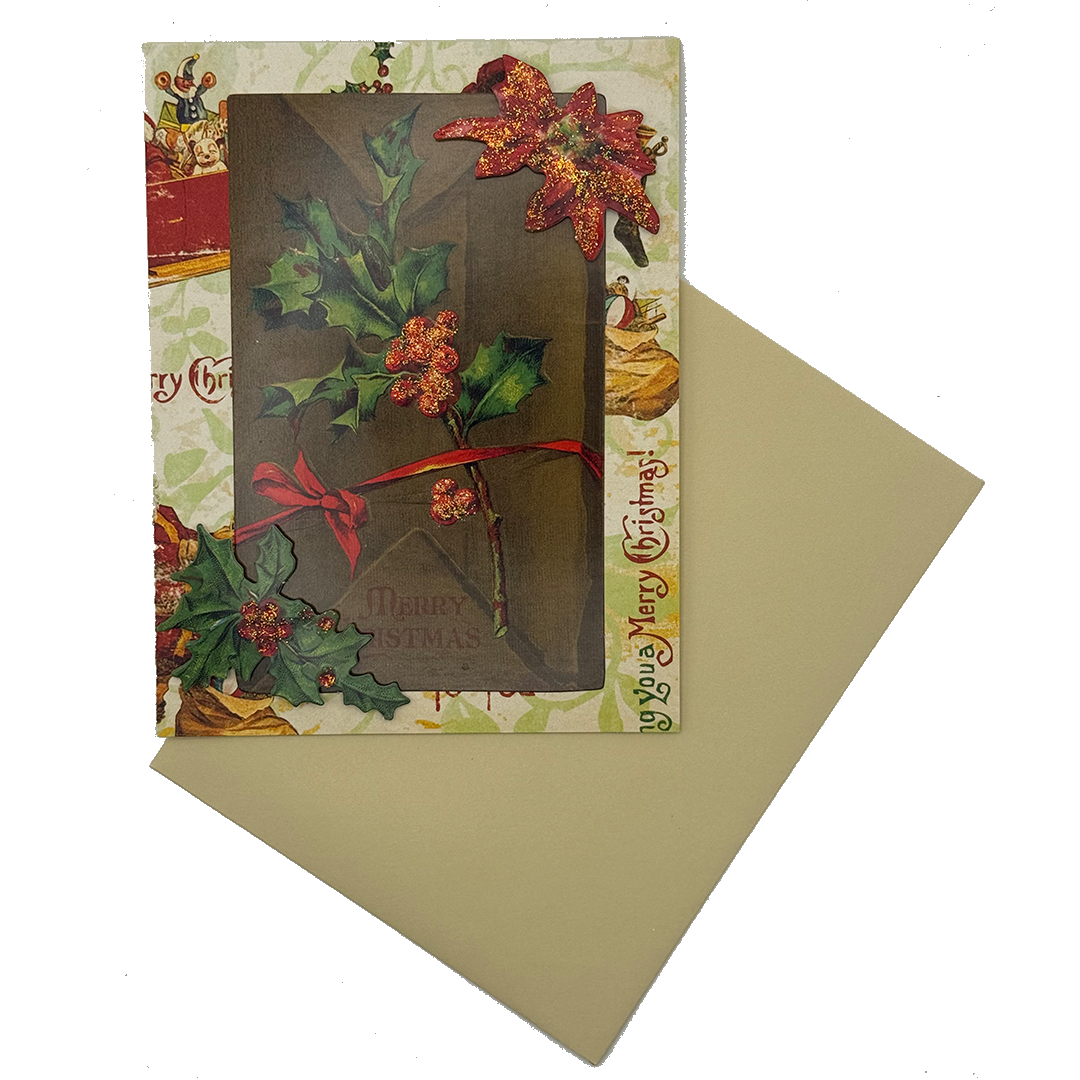 Vintage Holly &amp; Poinsettia Christmas Card – Handmade Holiday Greeting