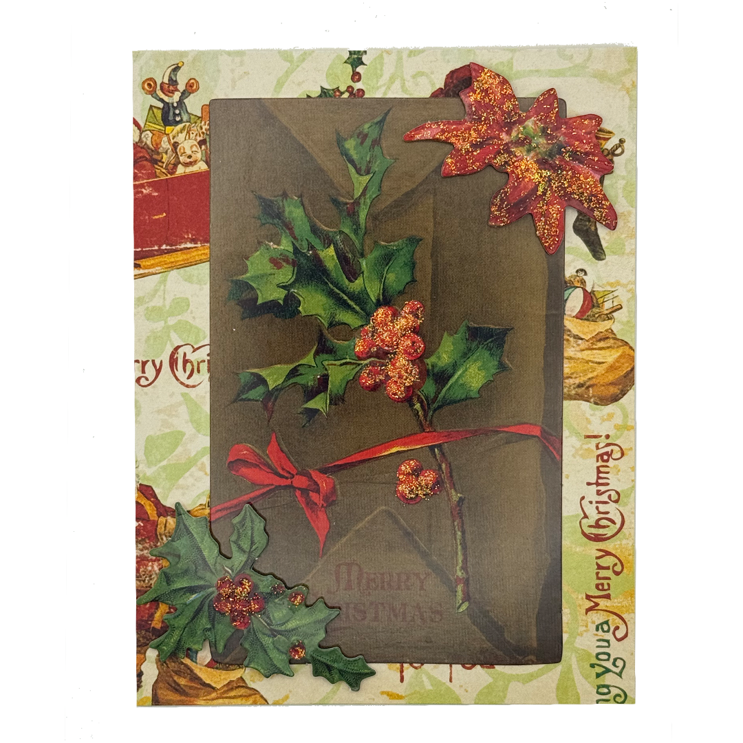 Vintage Holly &amp; Poinsettia Christmas Card – Handmade Holiday Greeting