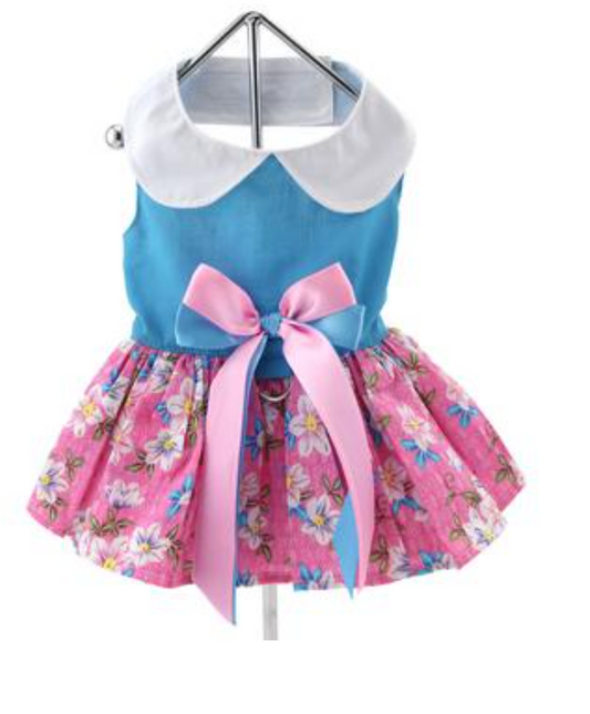 Pink and Blue Plumeria Flora Pet Harness Dress